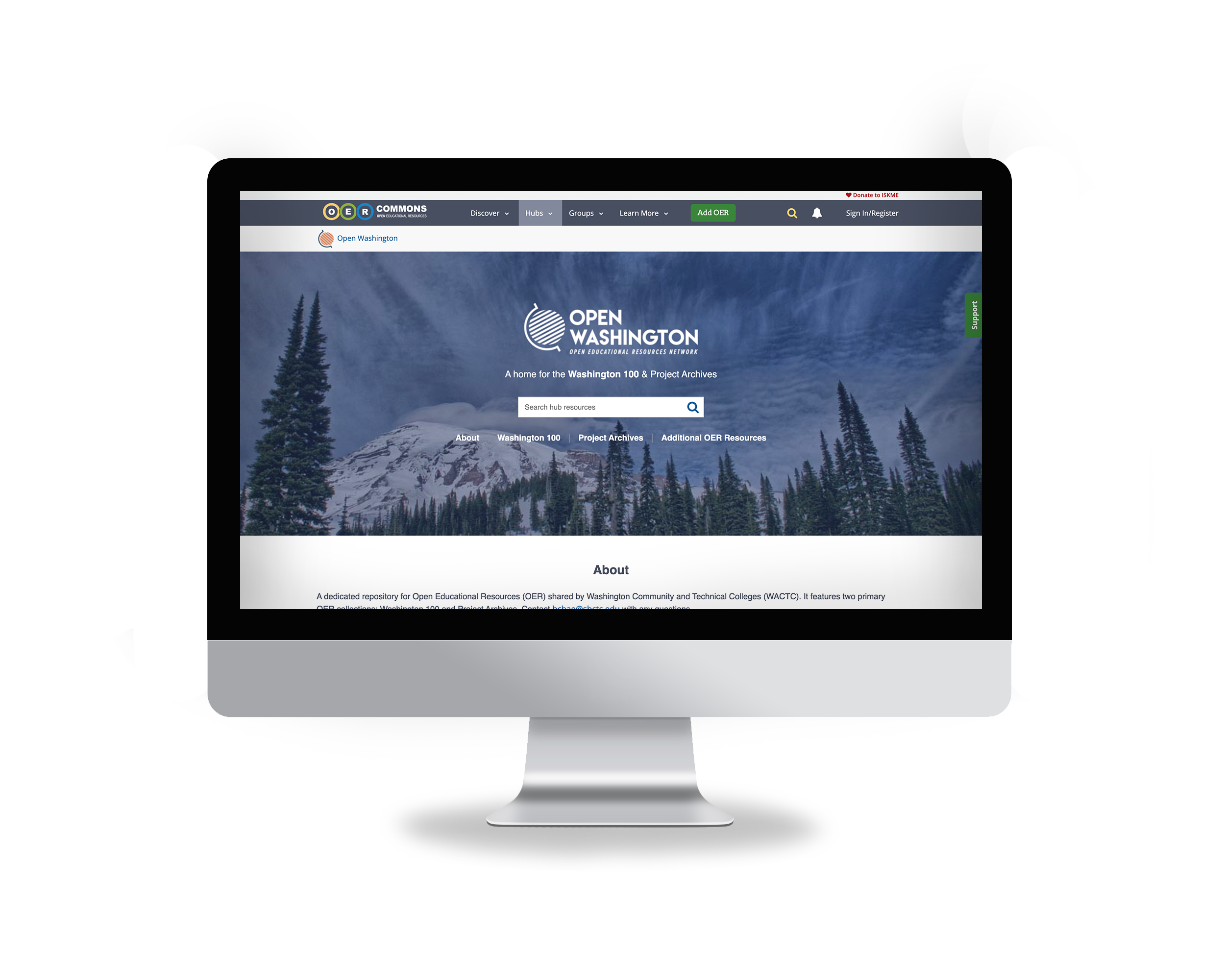 Computer screen with a screenshot of Washington 100 on the OER Commons website